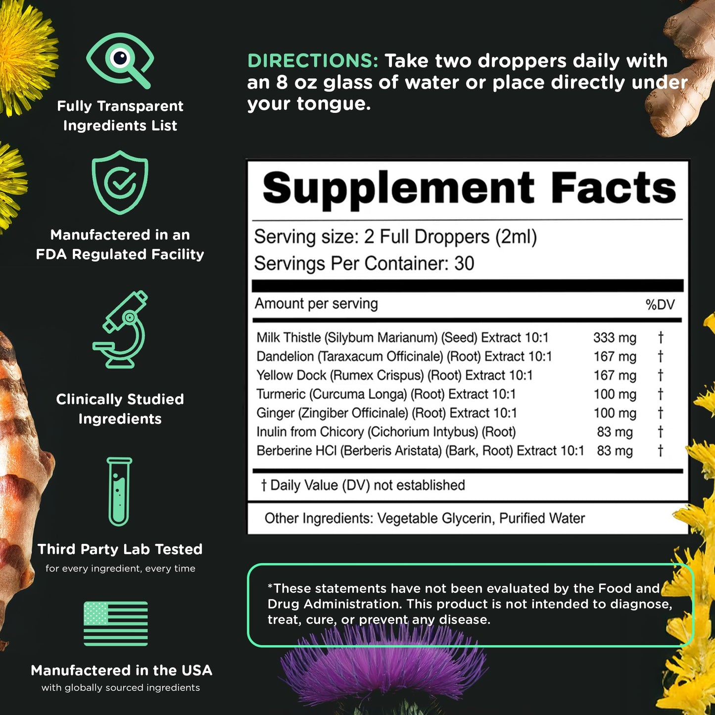 Authentic imported SuperBonsai liquid milk thistle supplement bottle next to its natural herbal ingredients.