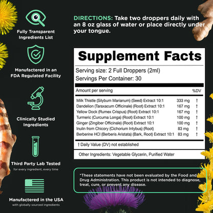 Authentic imported SuperBonsai liquid milk thistle supplement bottle next to its natural herbal ingredients.