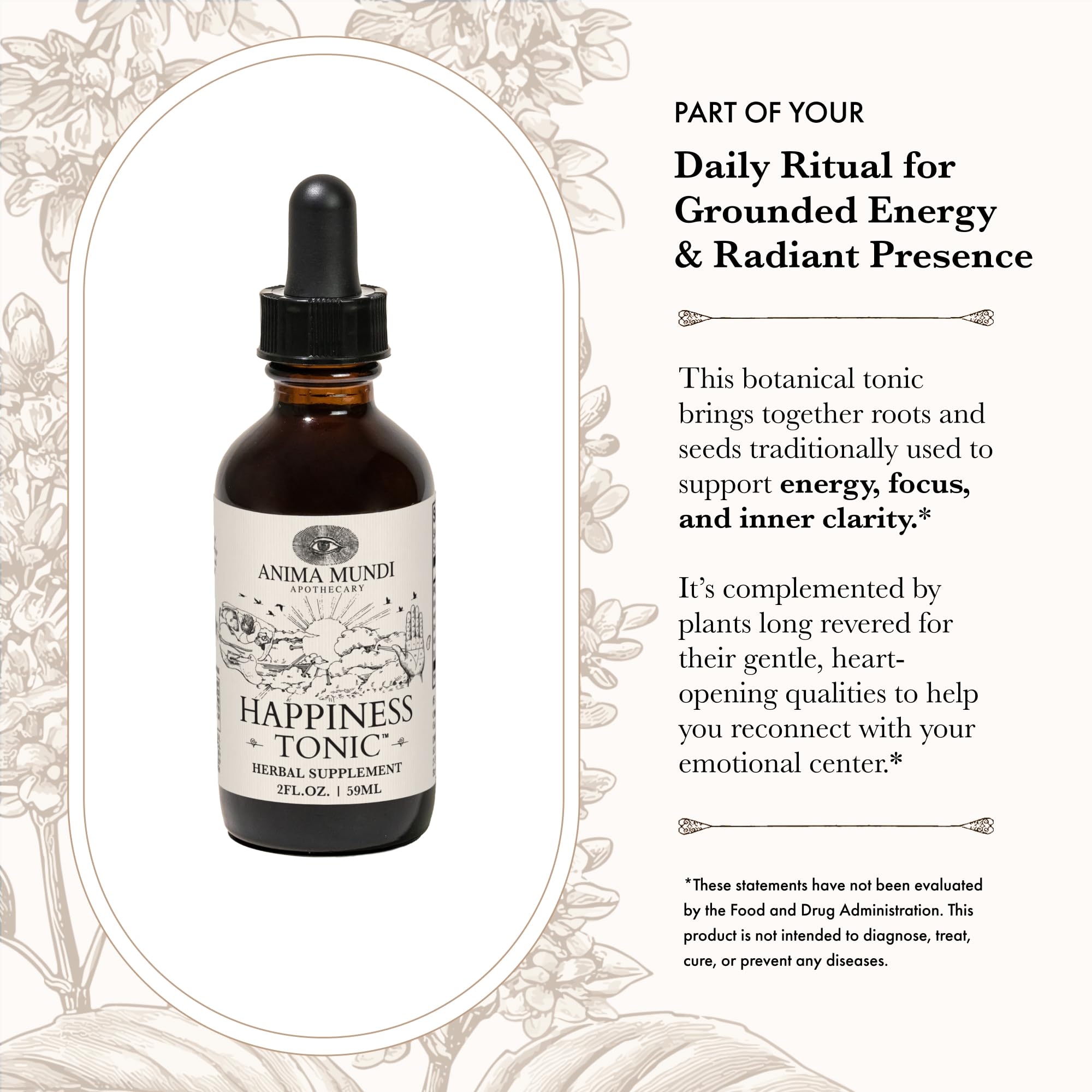 Liquid dropper showing the natural herbal extract formula of the Anima Mundi mood support tonic.