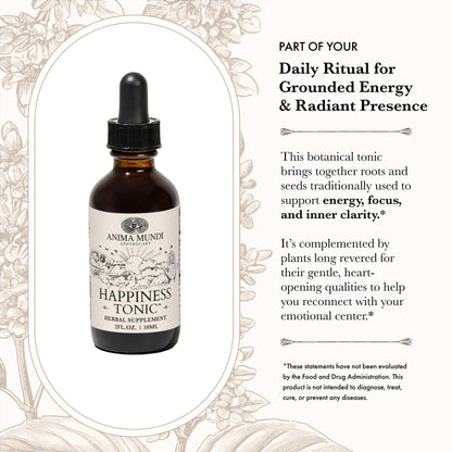 Liquid dropper showing the natural herbal extract formula of the Anima Mundi mood support tonic.