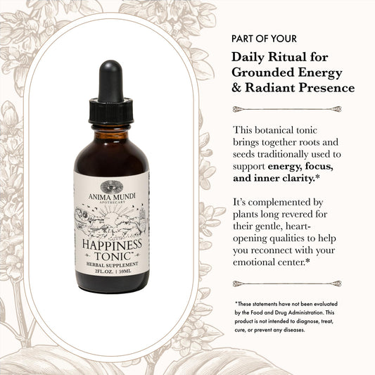 Liquid dropper showing the natural herbal extract formula of the Anima Mundi mood support tonic.
