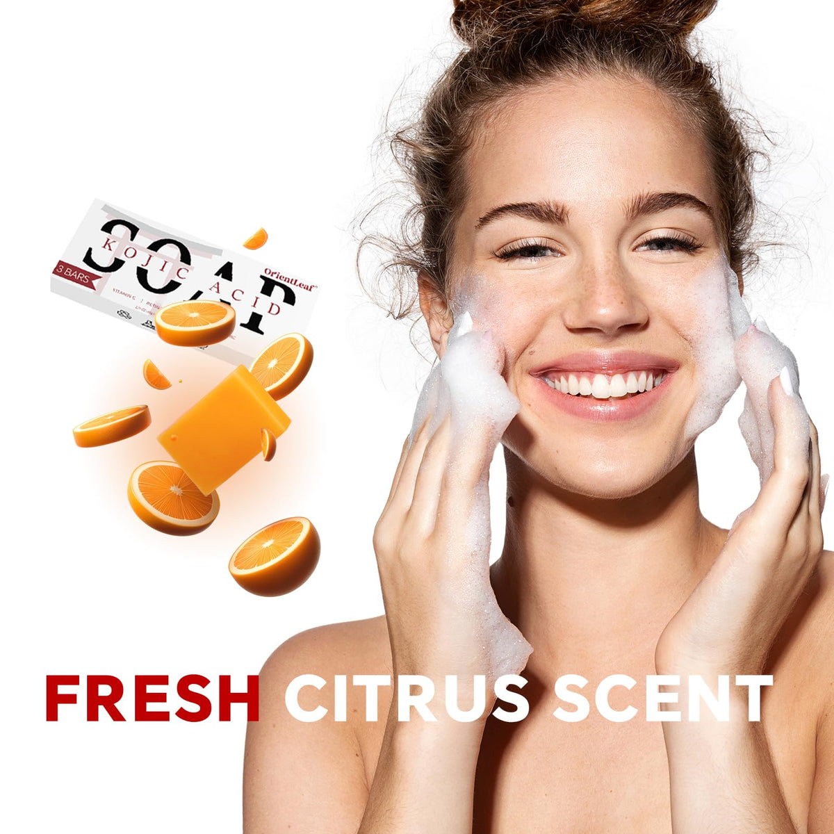 Orientleaf skincare product lifestyle arrangement with citrus accents
