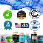 Holistic MD authentic USA imported wellness gummies product package layout on professional background