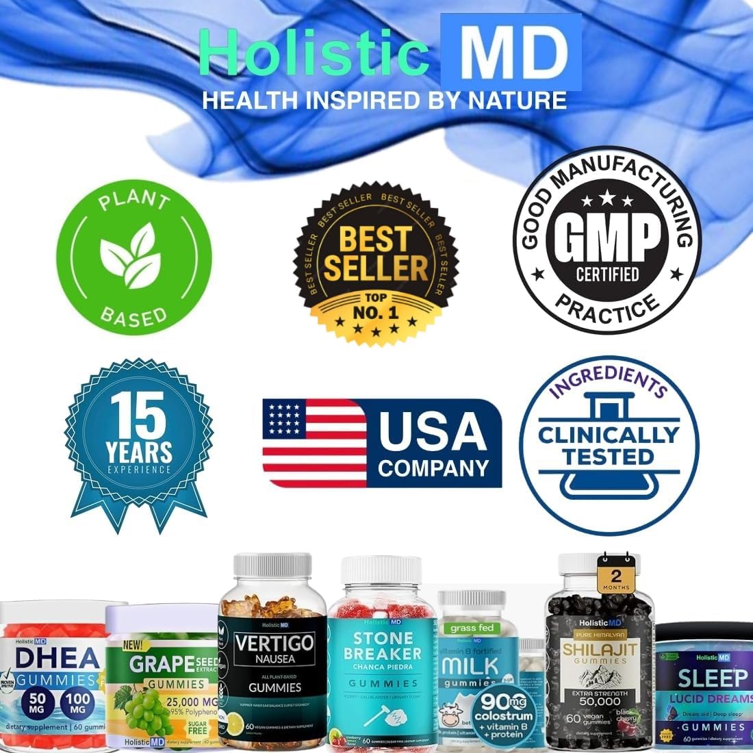 Holistic MD authentic USA imported wellness gummies product package layout on professional background