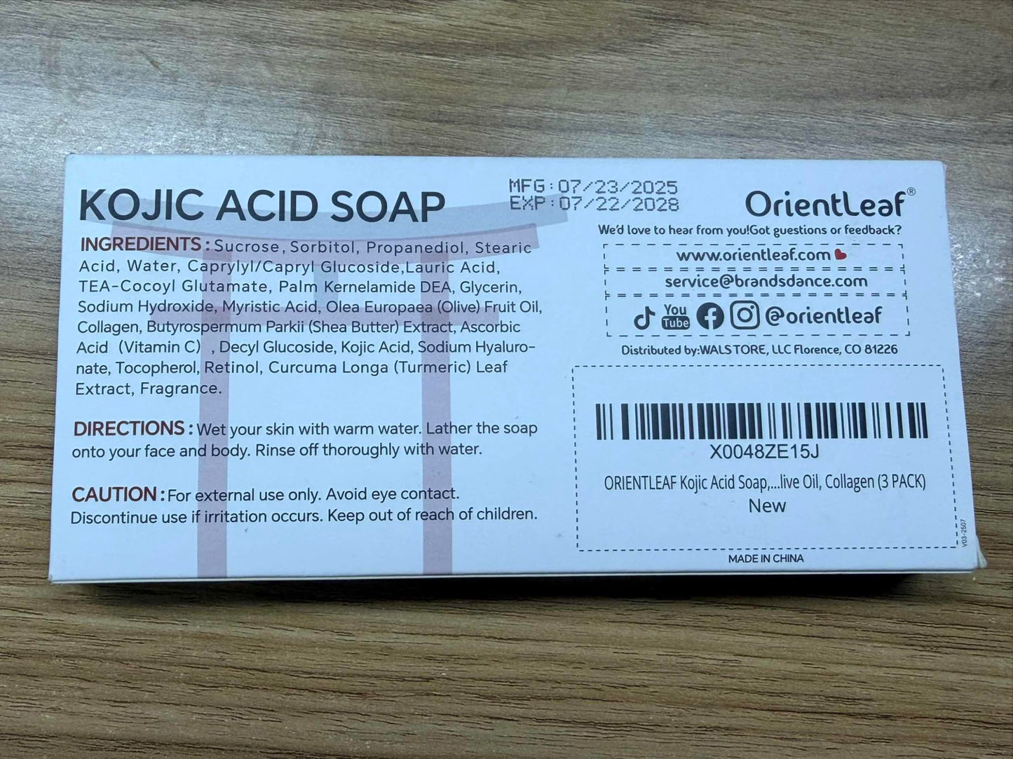 Skincare presentation of three authentic OrientLeaf kojic acid exfoliating soap bars