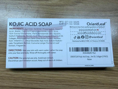 Skincare presentation of three authentic OrientLeaf kojic acid exfoliating soap bars