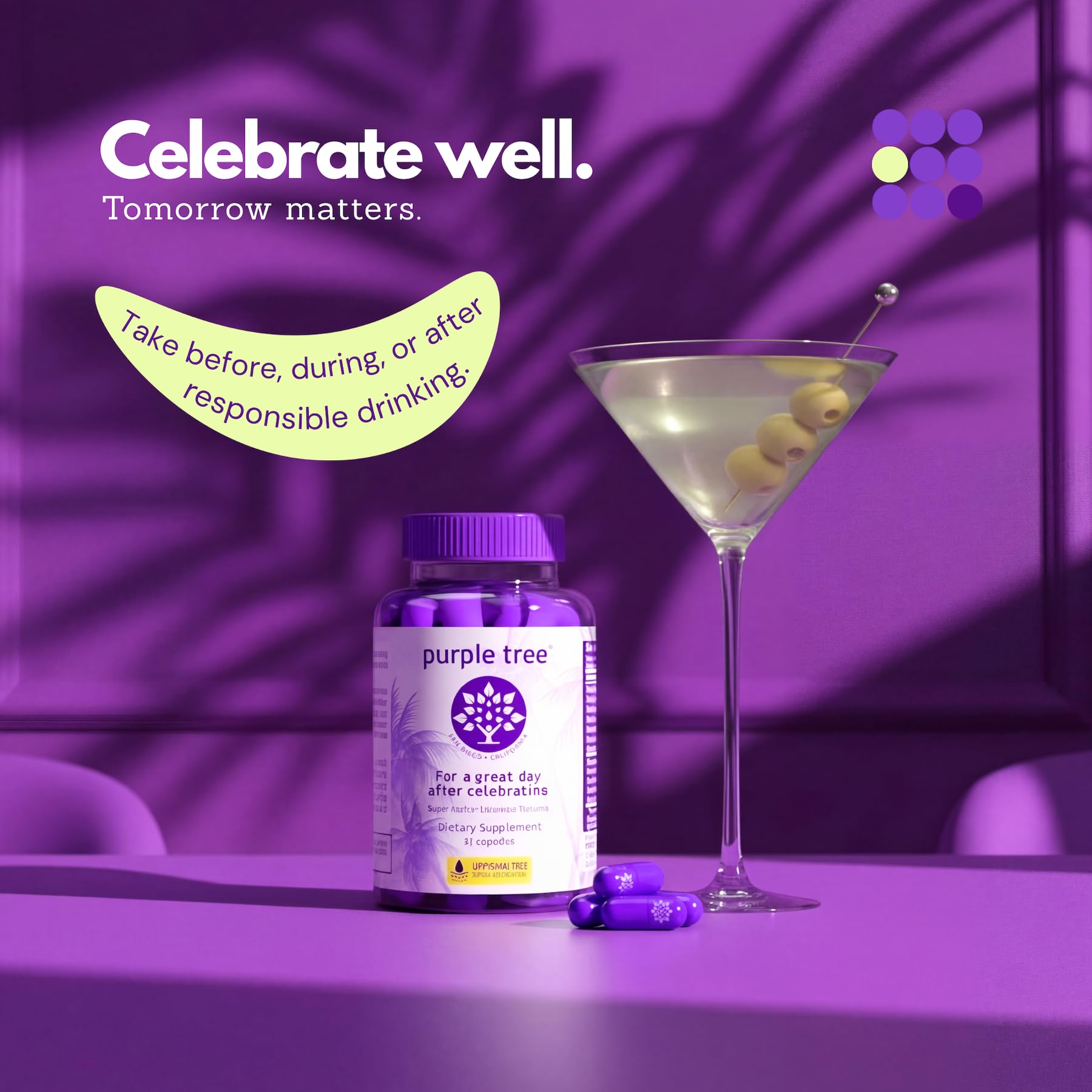 Purple Tree Post Celebration hydration pills with Liposomal DHM ingredient label
