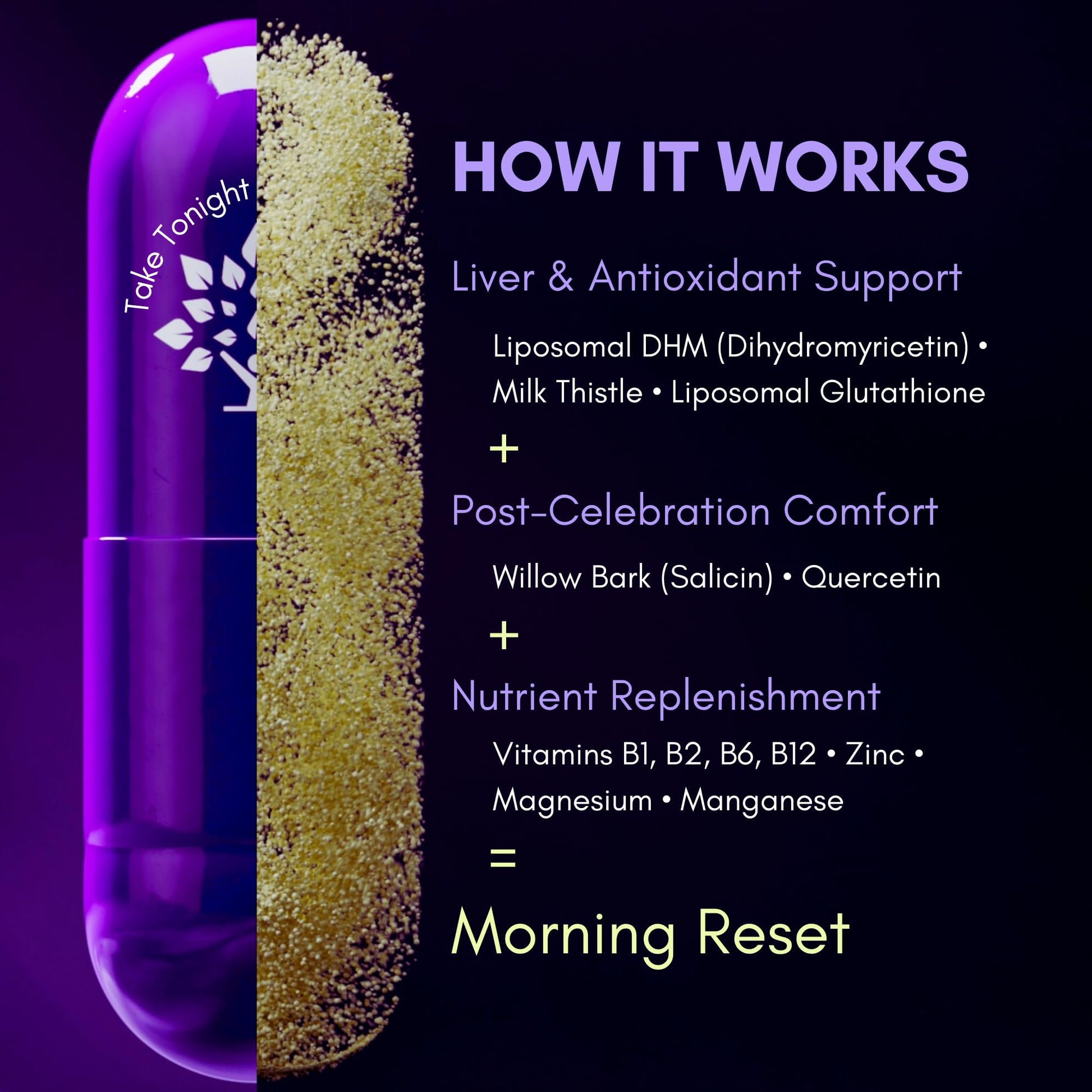Purple Tree Liposomal DHM and Glutathione capsule size and supplement facts