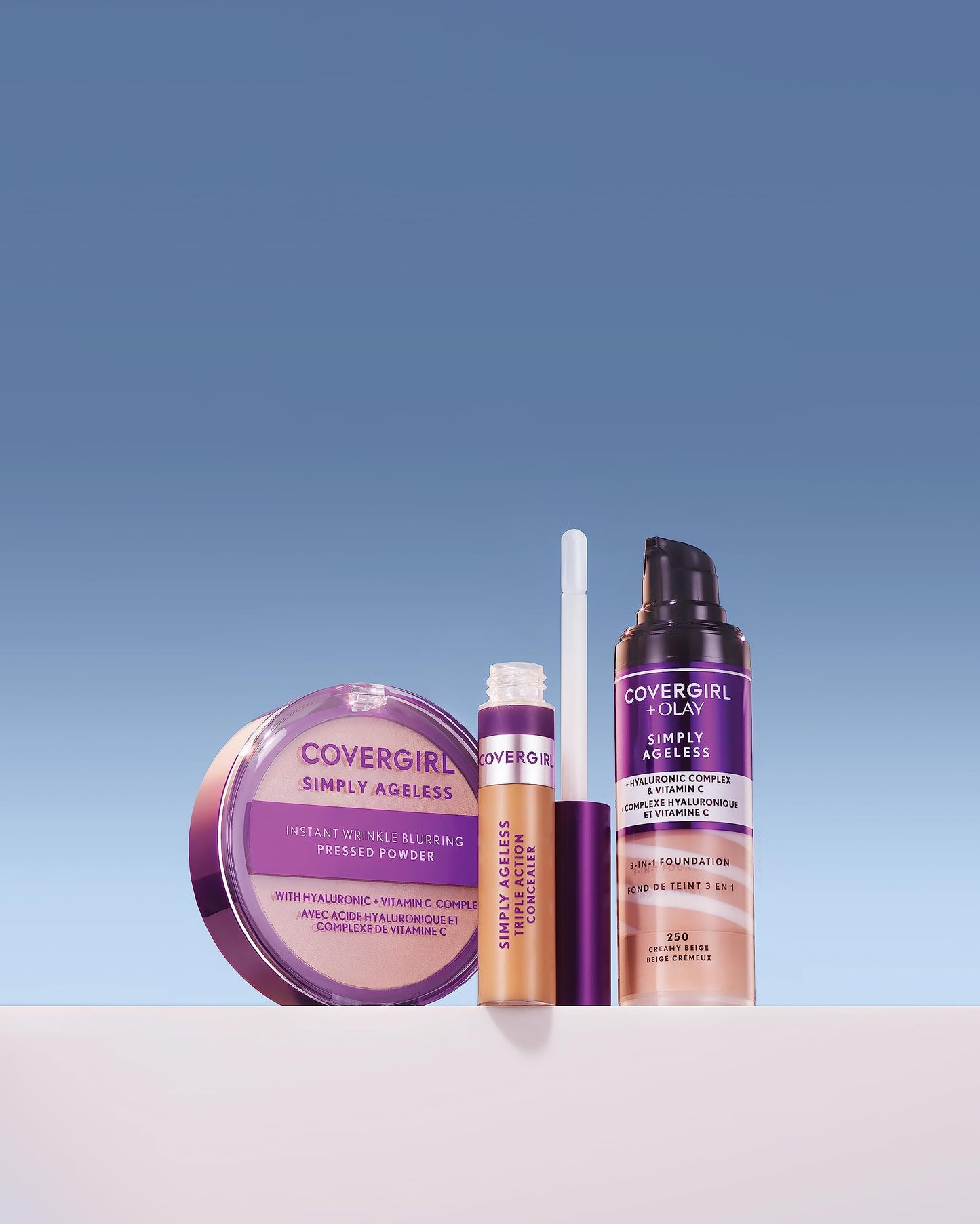 Covergirl Simply Ageless powder compact next to applicator sponge