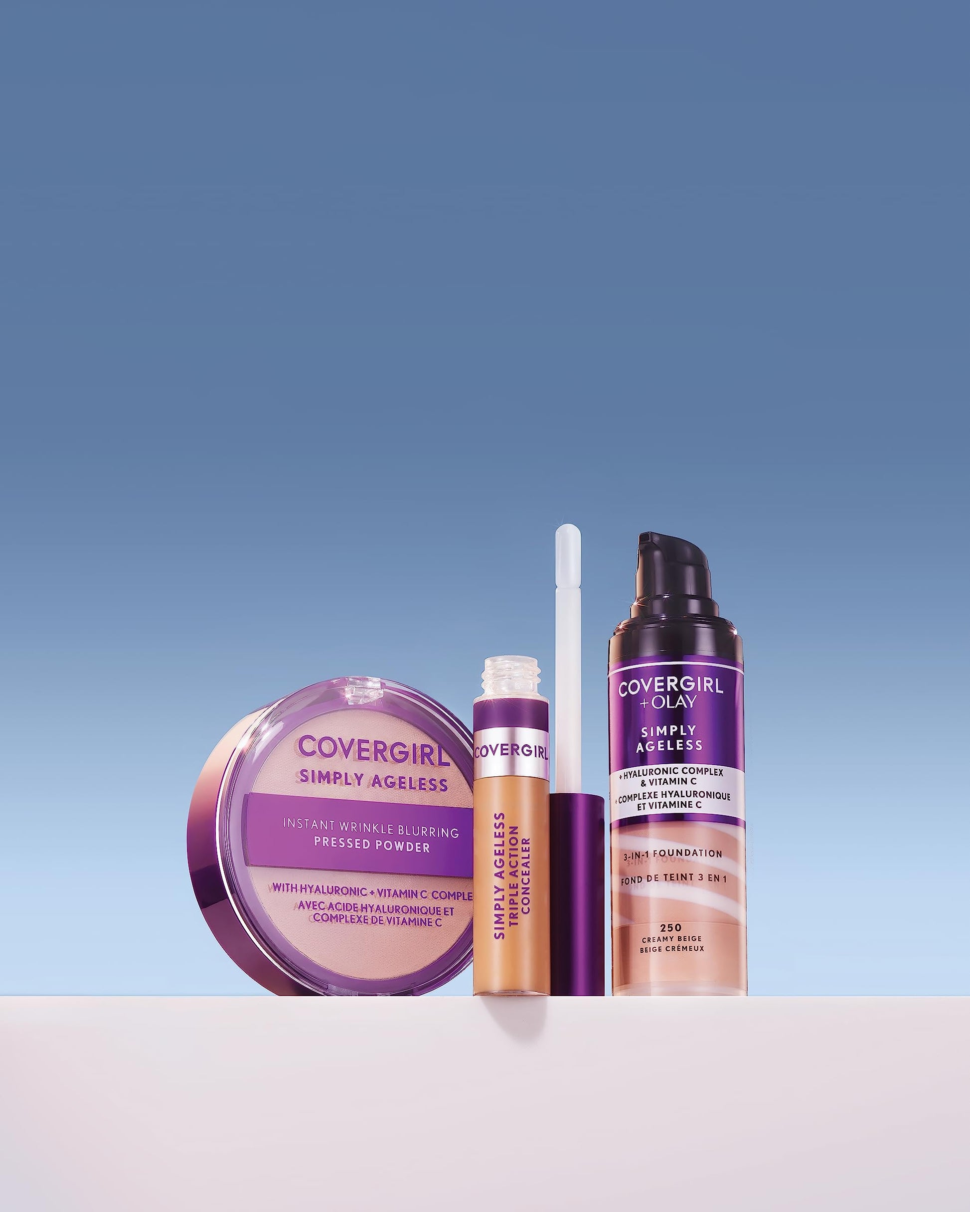 Covergirl Simply Ageless powder compact next to applicator sponge