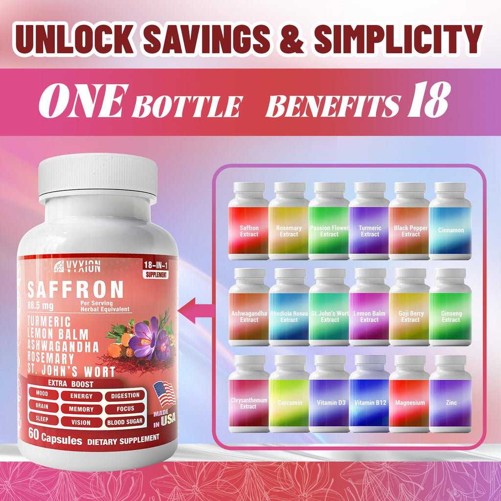 Vyxion 18in1 Saffron supplement bottle showcasing authentic USA manufacturing details and ingredients list