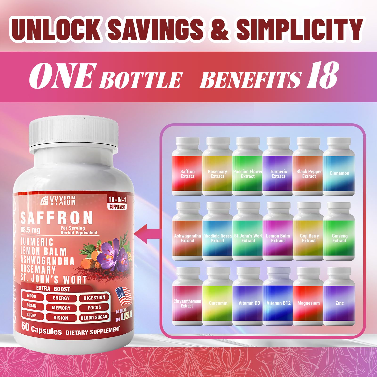 Vyxion 18in1 Saffron supplement bottle showcasing authentic USA manufacturing details and ingredients list