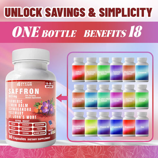 Vyxion 18in1 Saffron supplement bottle showcasing authentic USA manufacturing details and ingredients list