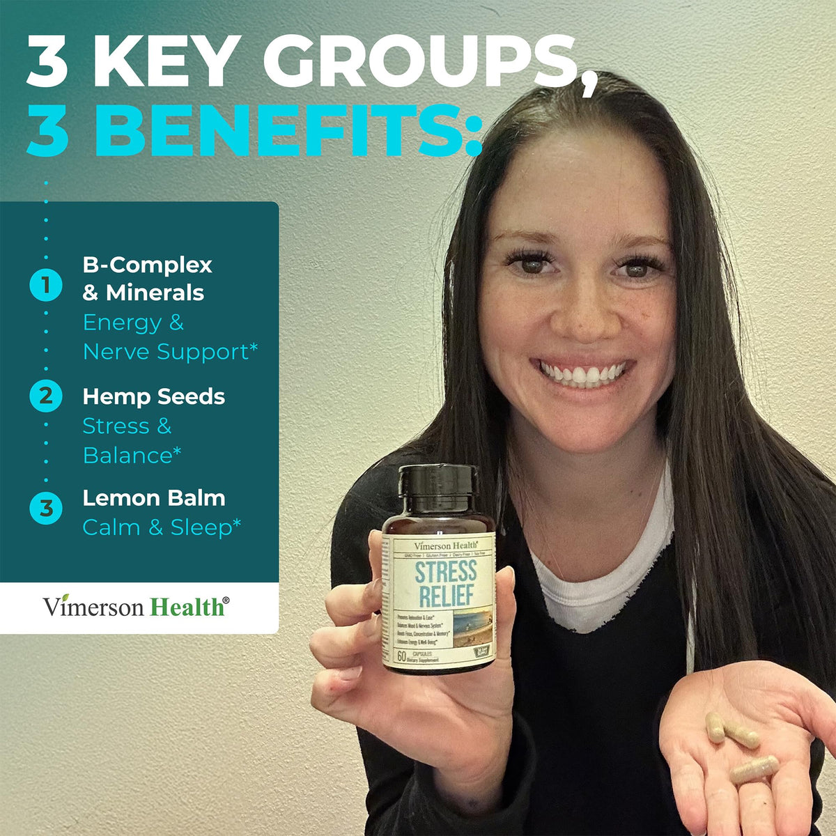 Vimerson Health Stress Relief 30 day supply bottle showcasing the USA imported product quality