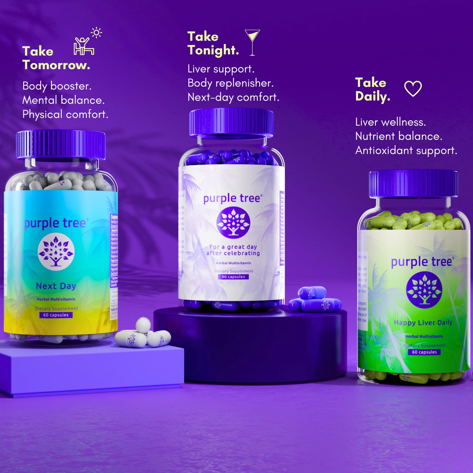 Purple Tree celebration vitamin pills close up capsule view