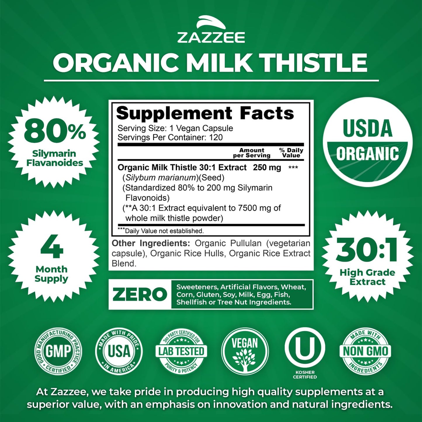 Zazzee 30 to 1 milk thistle extract vegan capsules product packaging details