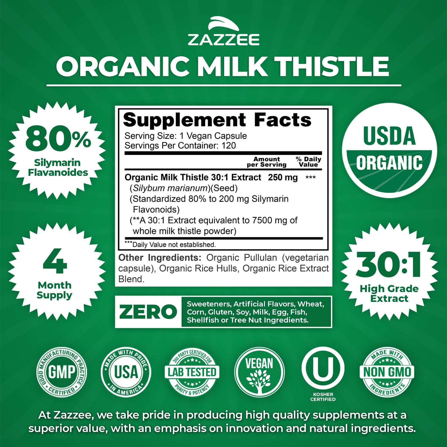 Zazzee 30 to 1 milk thistle extract vegan capsules product packaging details