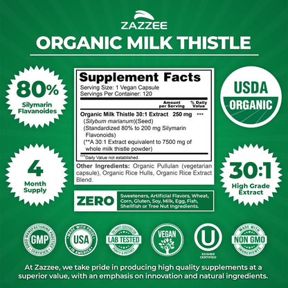 Zazzee 30 to 1 milk thistle extract vegan capsules product packaging details