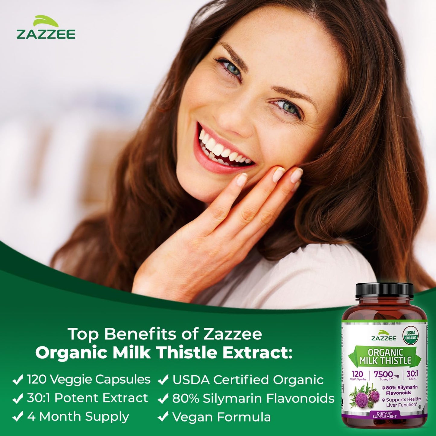 Zazzee high potency liver support supplement bottle with organic certification seals