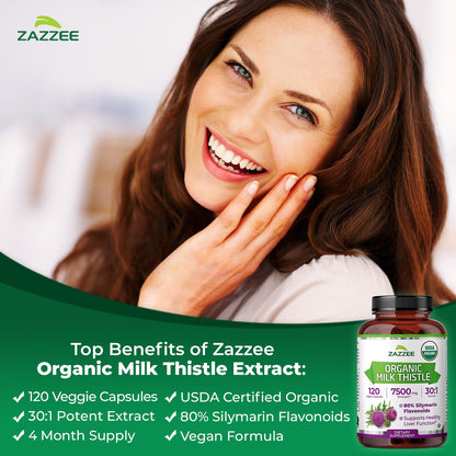 Zazzee high potency liver support supplement bottle with organic certification seals