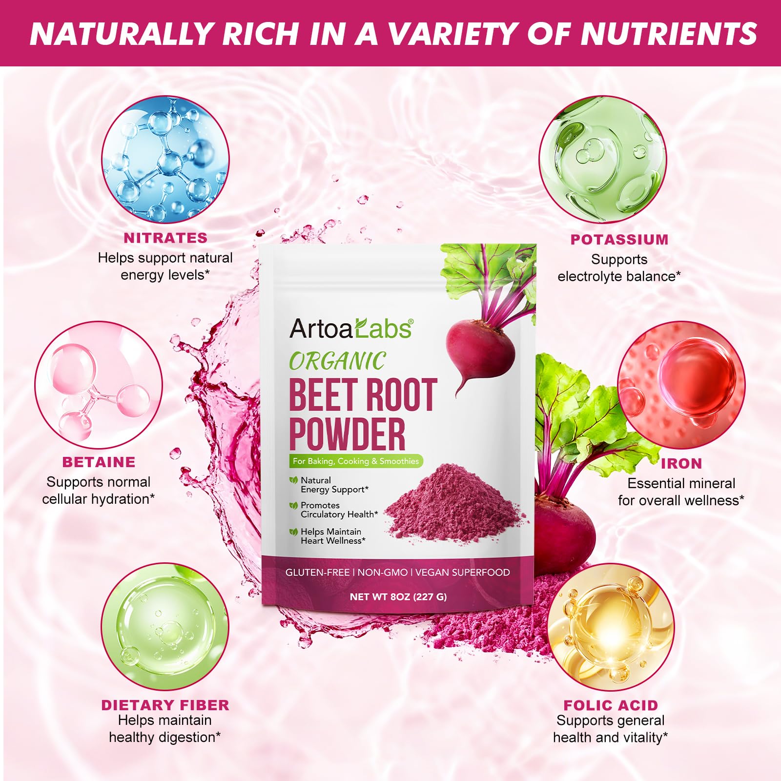 Finely ground organic beetroot powder displayed next to its original premium packaging