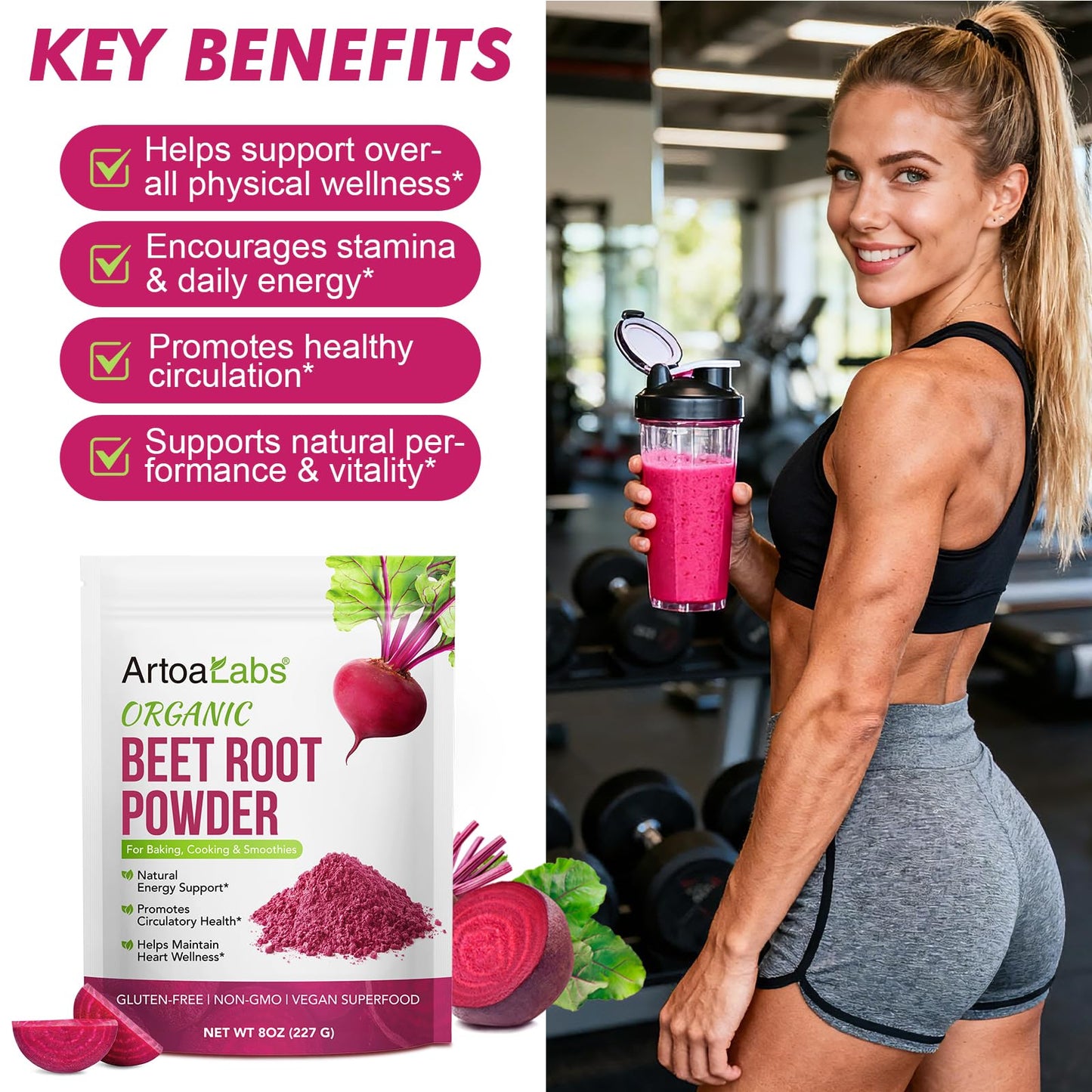 Natural vegan beetroot supplement powder styled on a kitchen counter with fresh ingredients