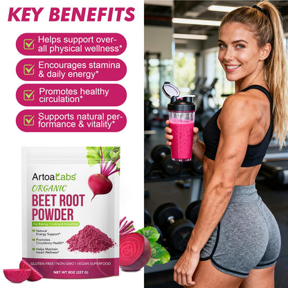 Natural vegan beetroot supplement powder styled on a kitchen counter with fresh ingredients