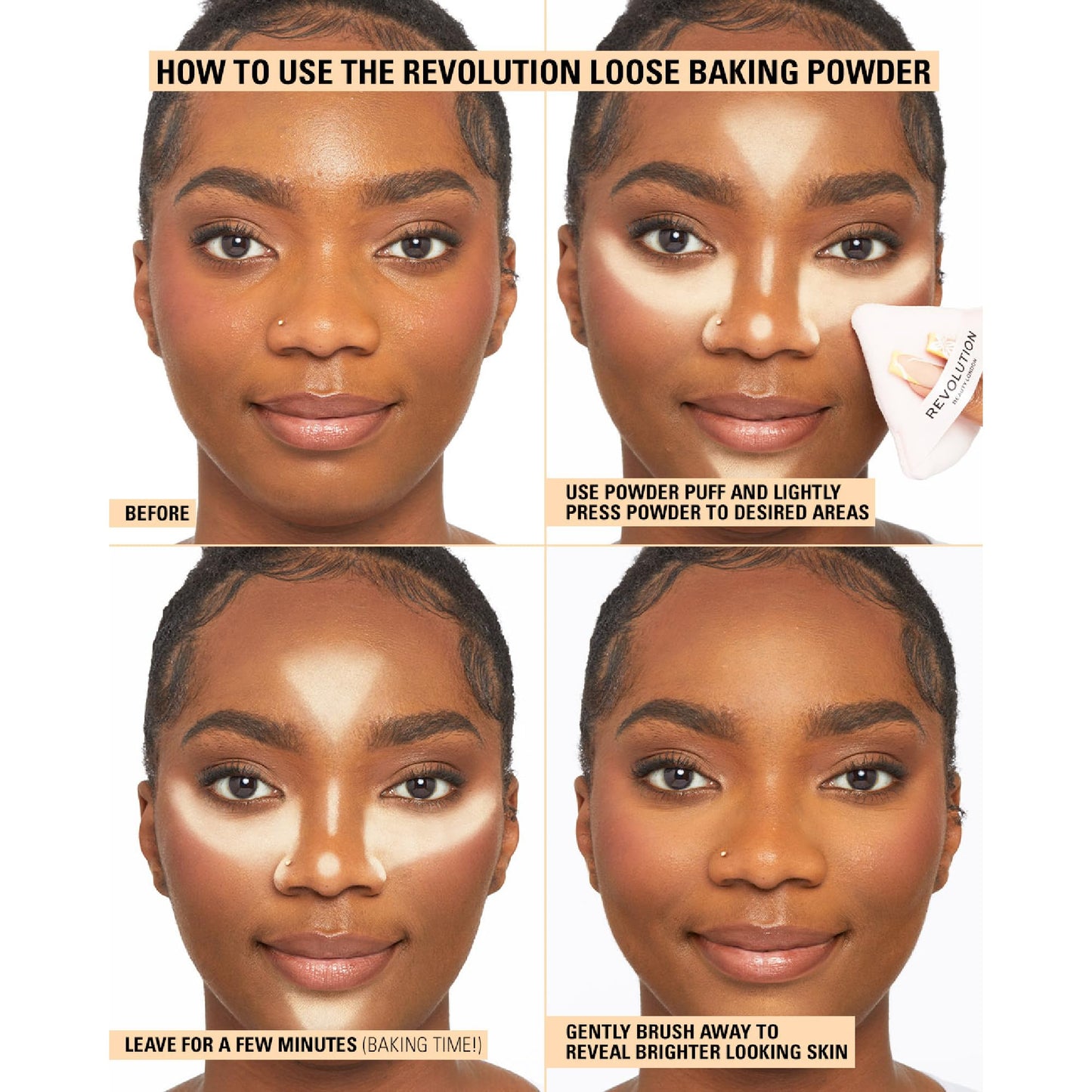 Makeup artist using Revolution banana baking powder for under eye