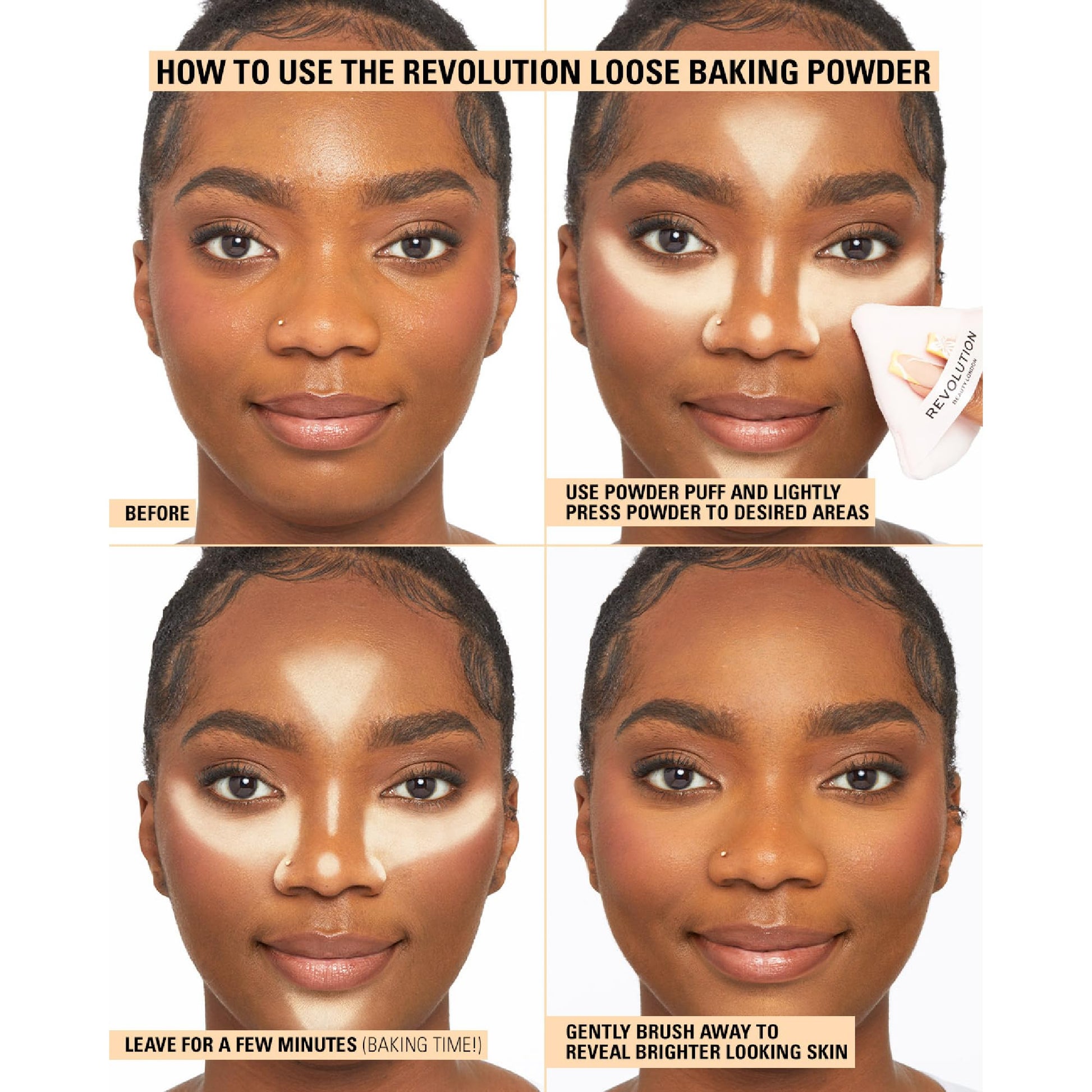 Makeup artist using Revolution banana baking powder for under eye