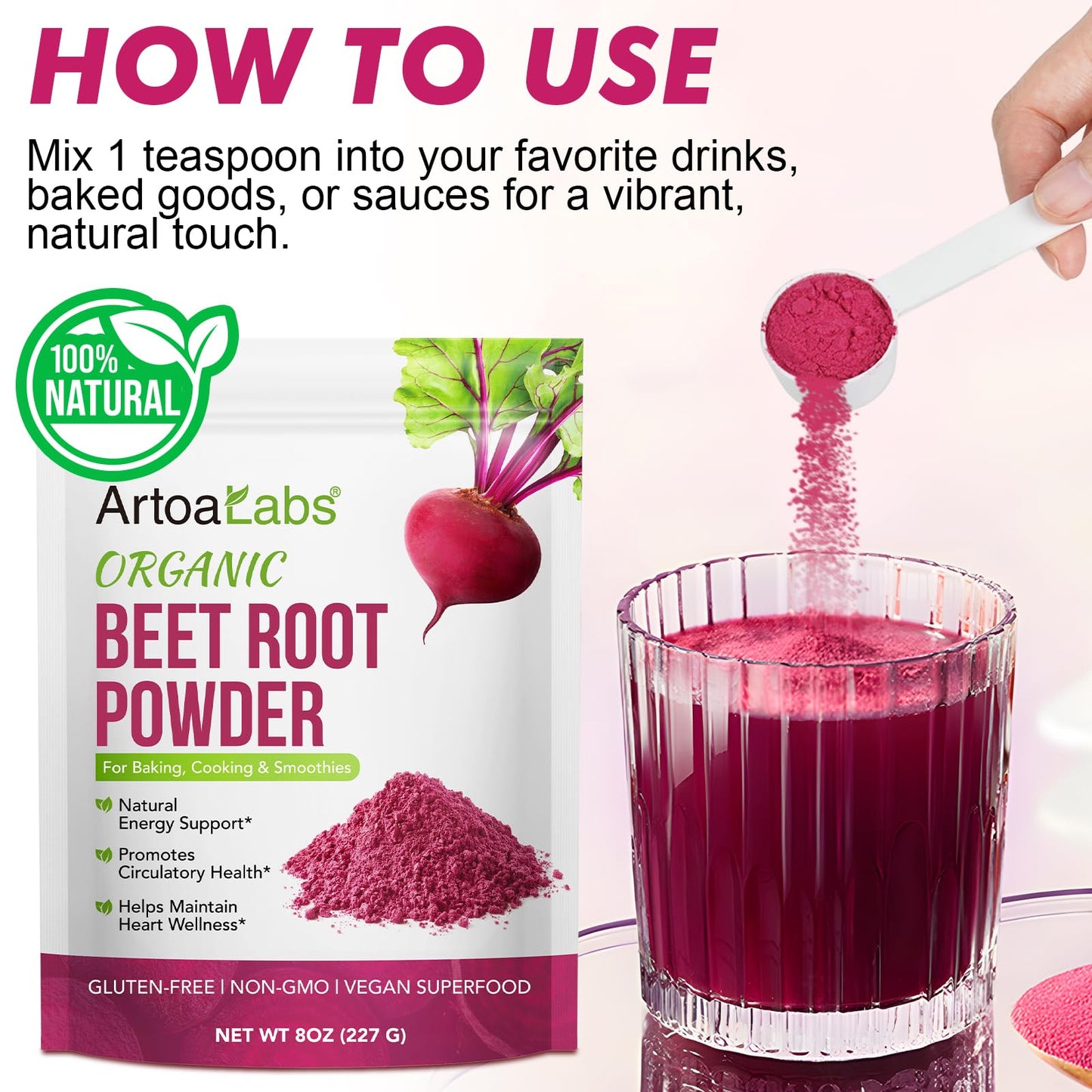 Authentic imported USA superfood powder container illustrating daily energy benefits for men and women