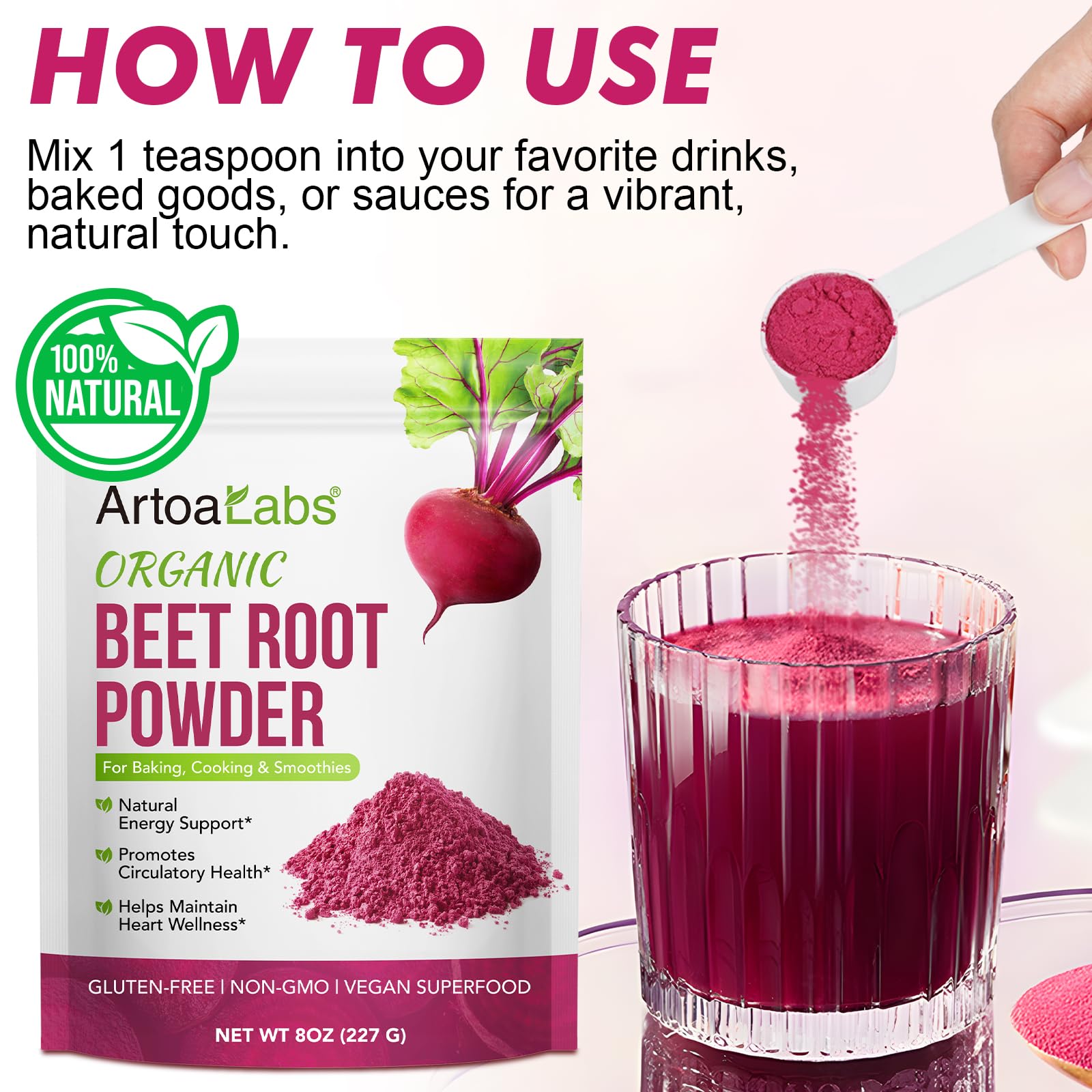 Authentic imported USA superfood powder container illustrating daily energy benefits for men and women