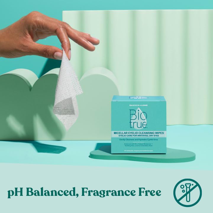 Close up of Biotrue fragrance free eyelid cleansing wipe