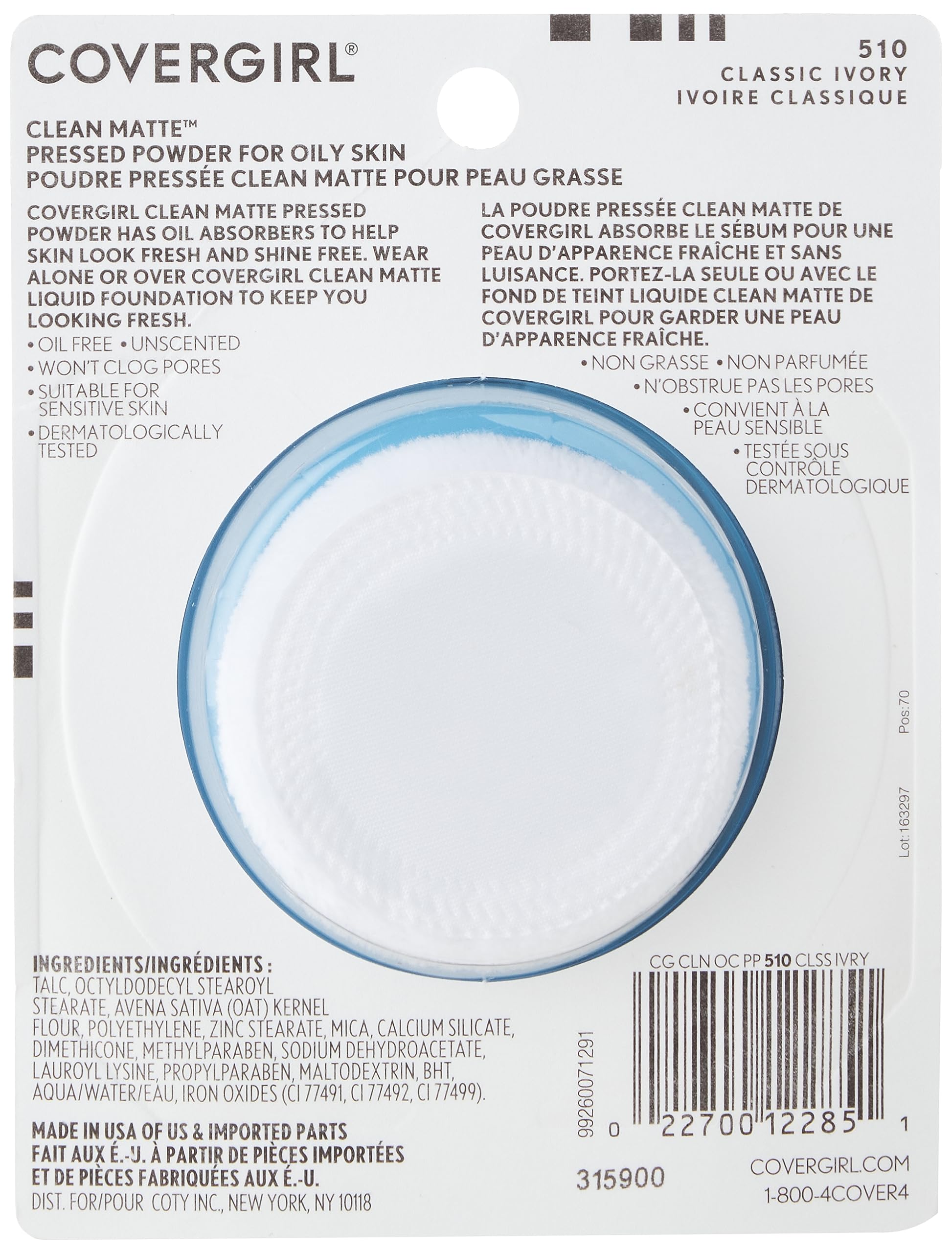 Open container of Covergirl Clean Matte powder with applicator puff