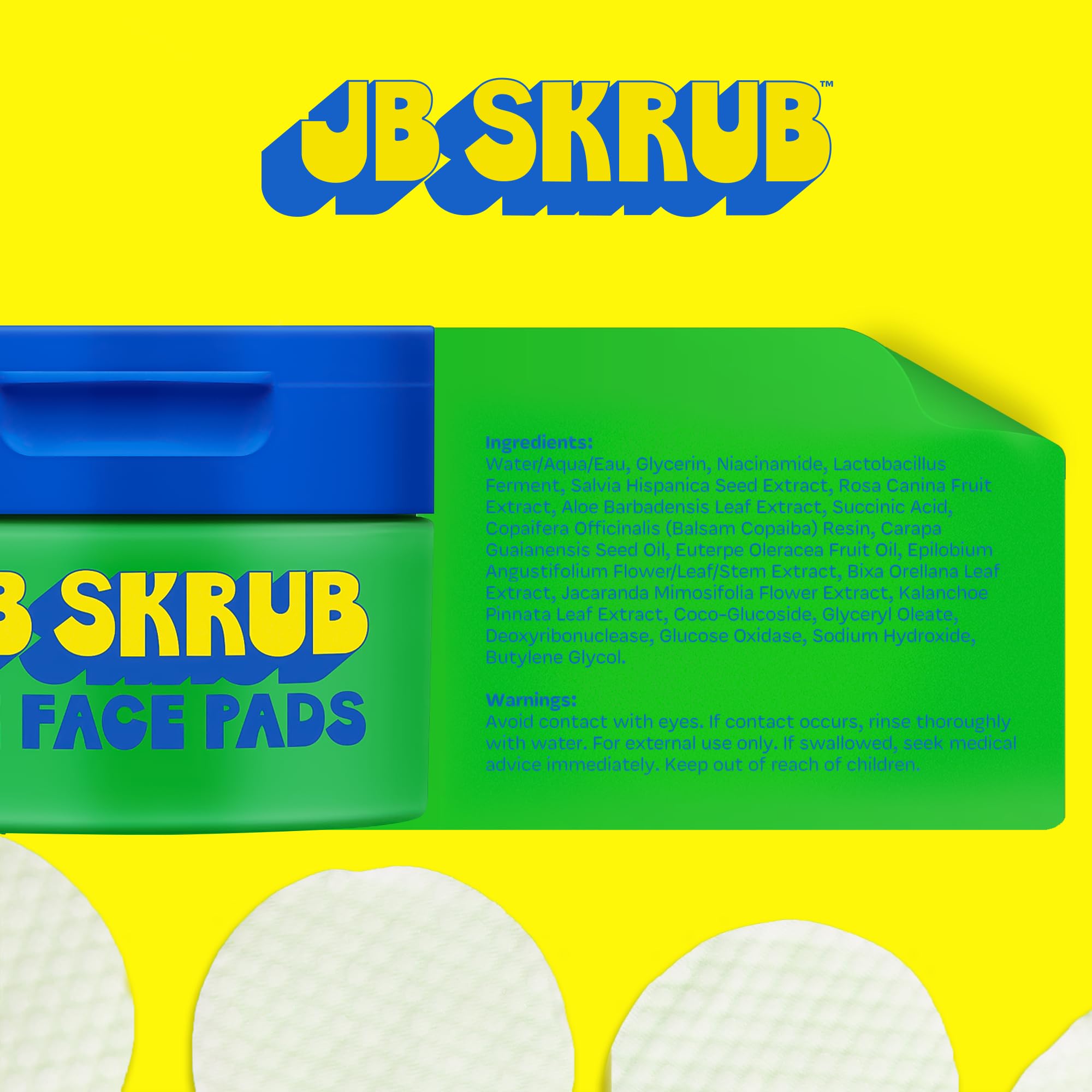 Close up of JB SKRUB biodegradable acne cleansing pads container