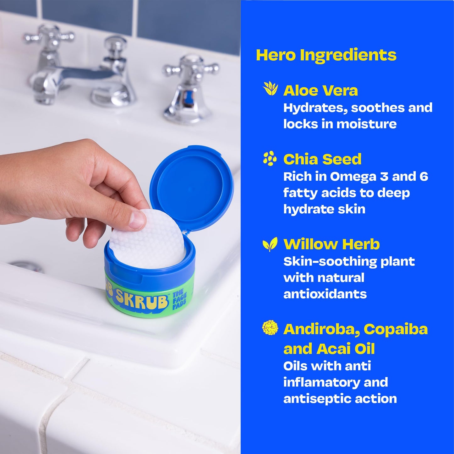 JB SKRUB face pads packaging showing kid and teen skincare benefits