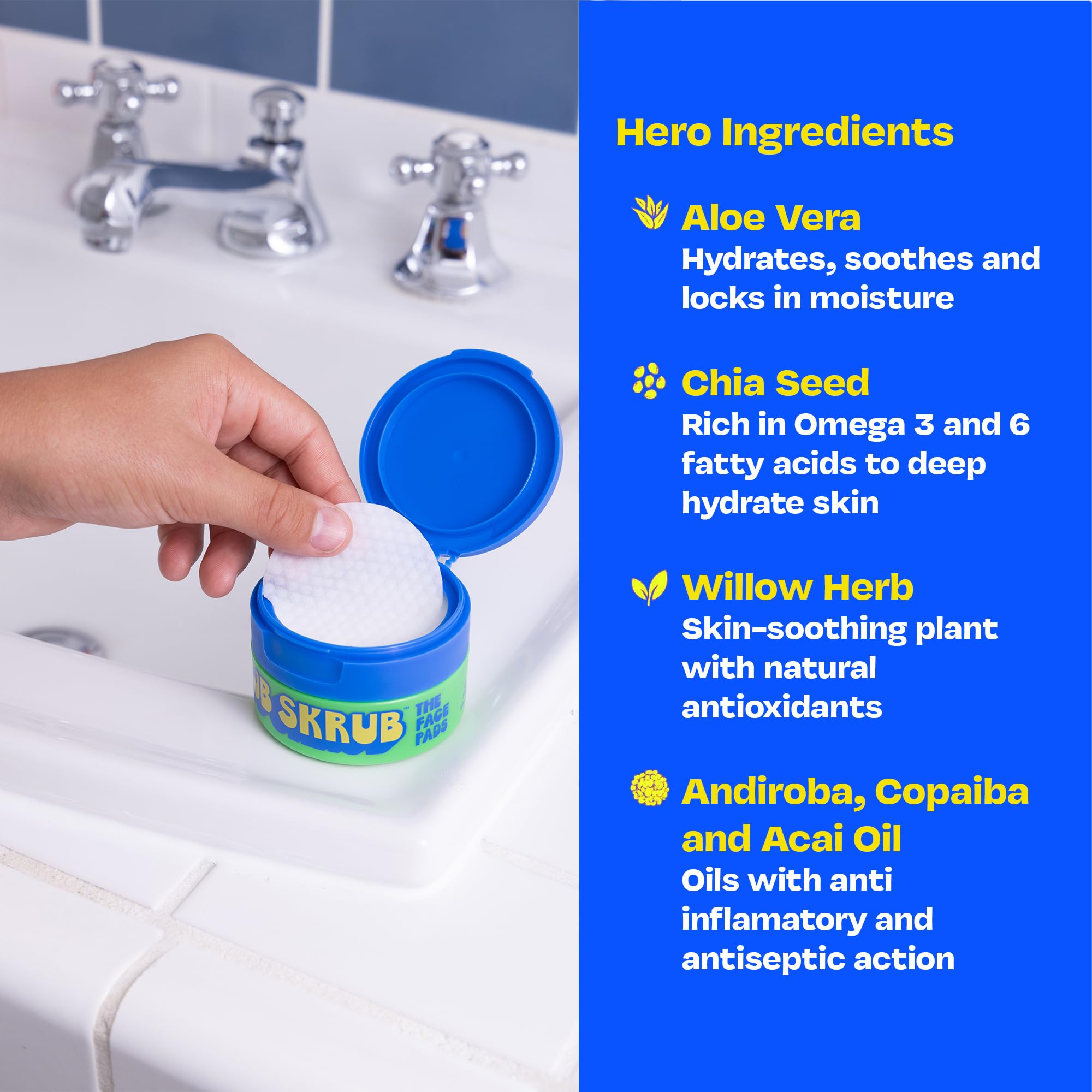 JB SKRUB face pads packaging showing kid and teen skincare benefits