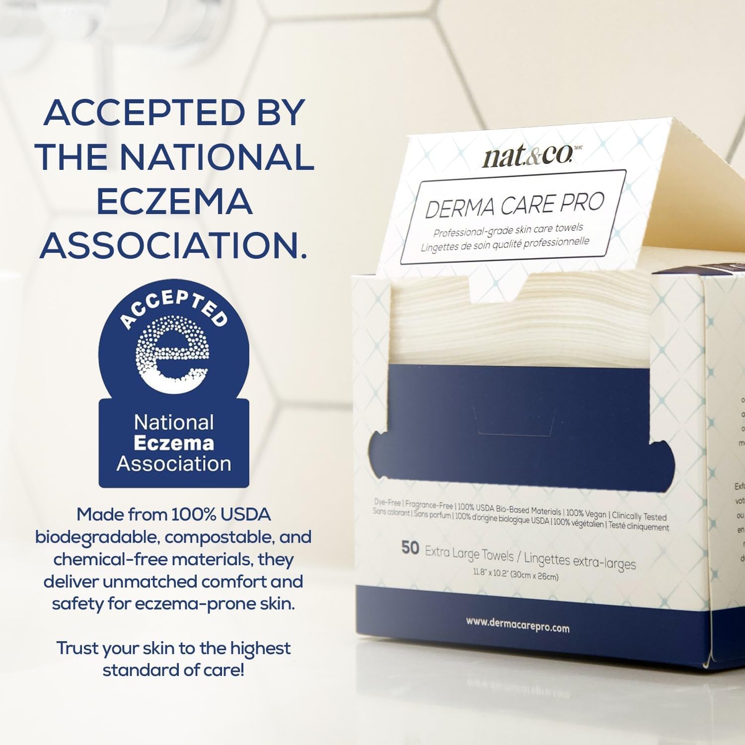 Nat.&Co. biobased face towels 50 count packaging close up