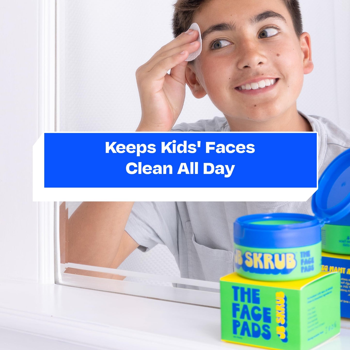 Grouped shot of JB SKRUB acne cleansing pads and skincare routine