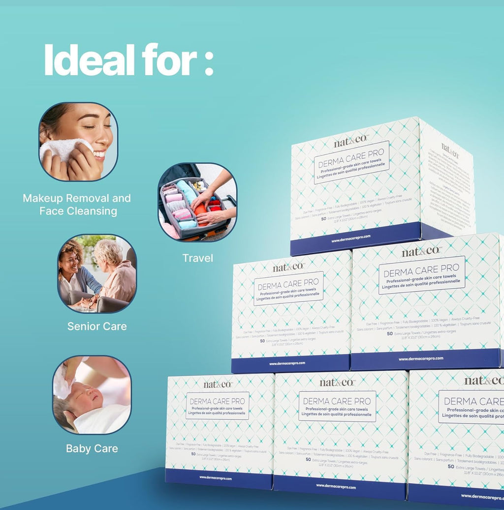 Nat and Co Derma Care Pro 50 count face towels lifestyle layout