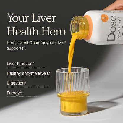 Dose For Your Liver liquid shot bottles lifestyle image highlighting daily liver enzyme support