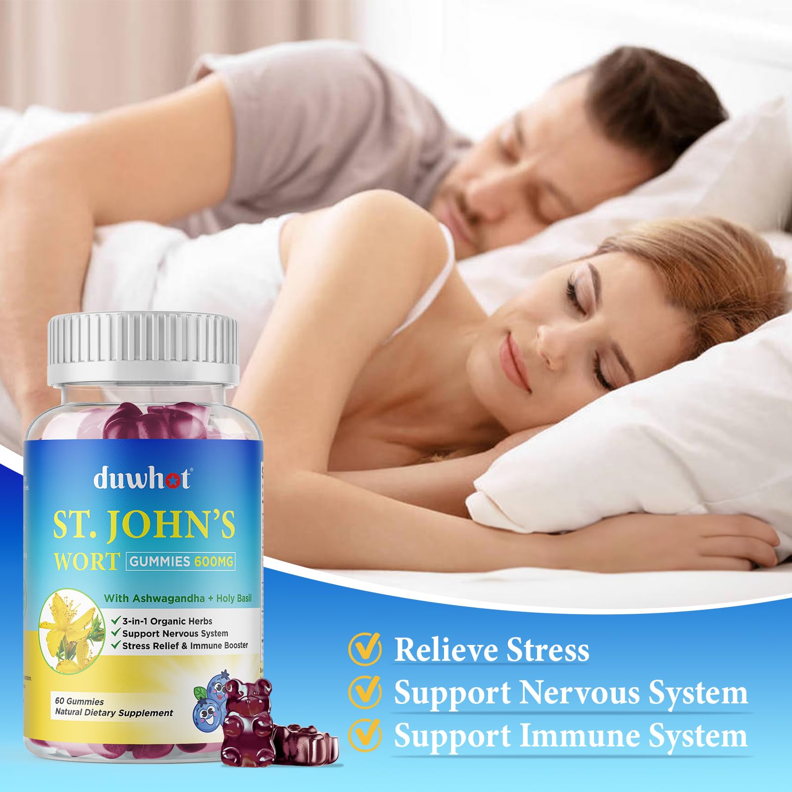 Duwhot six hundred milligram St John's Wort with Ashwagandha and Holy Basil label details