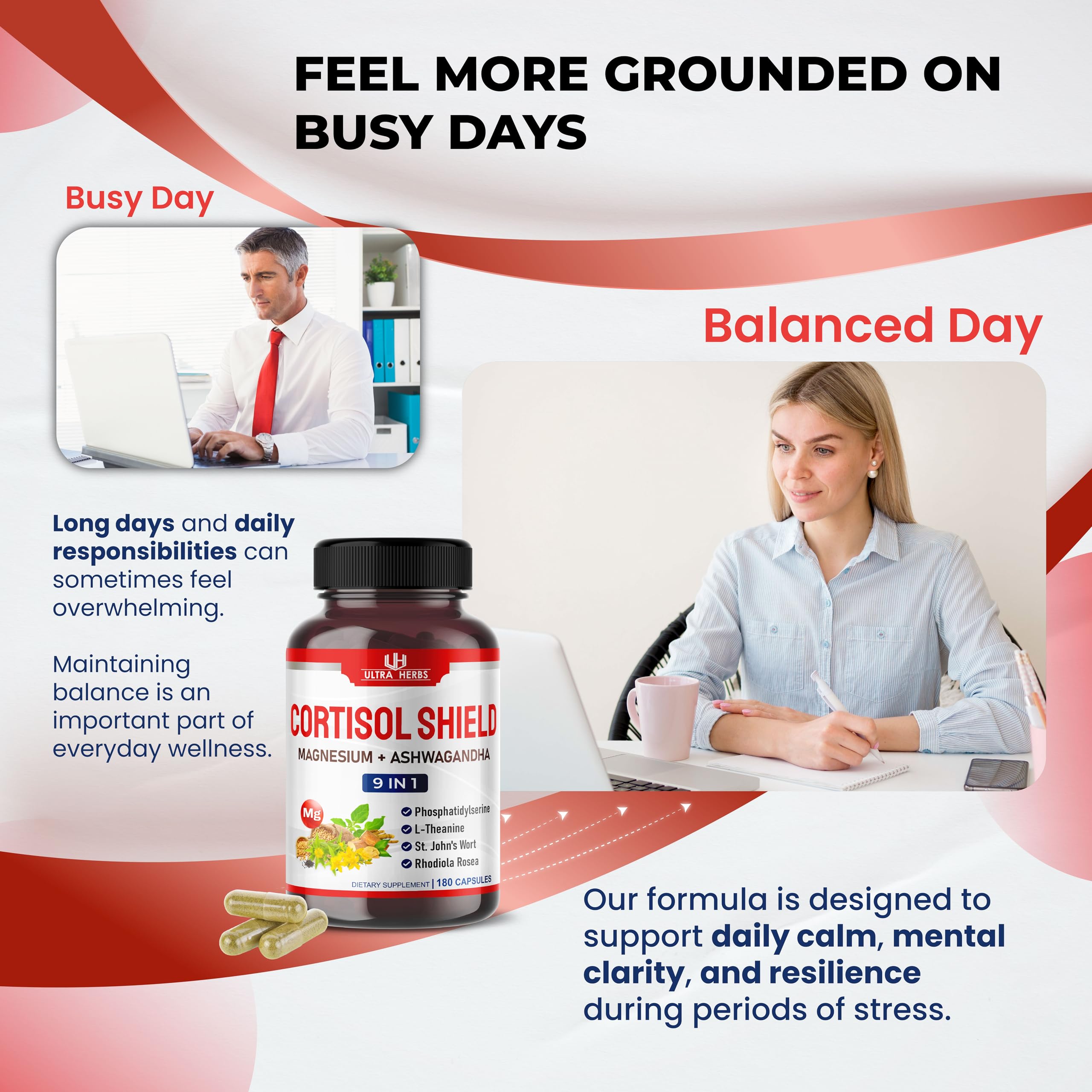 Ultra Herbs Cortisol Shield magnesium and ashwagandha capsules bottle showing premium label details
