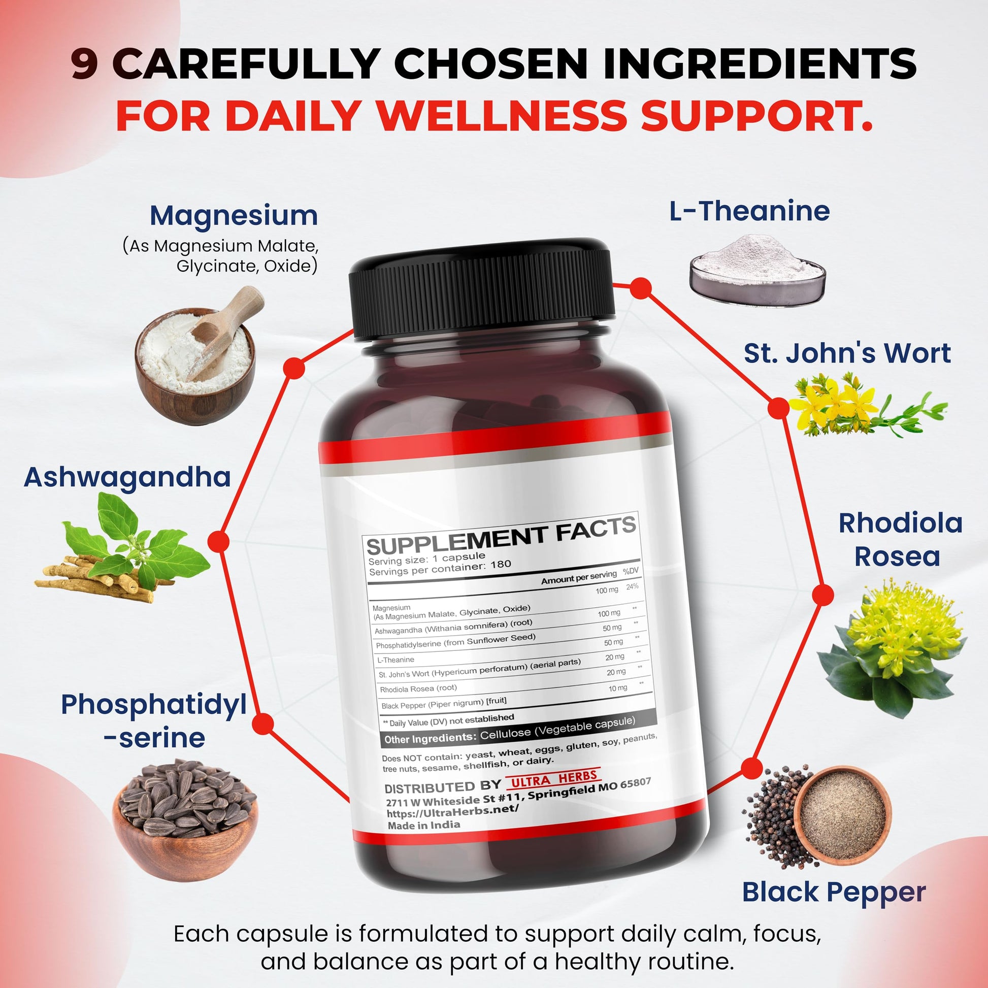 Ultra Herbs stress support formula back label with detailed supplement facts and ingredients