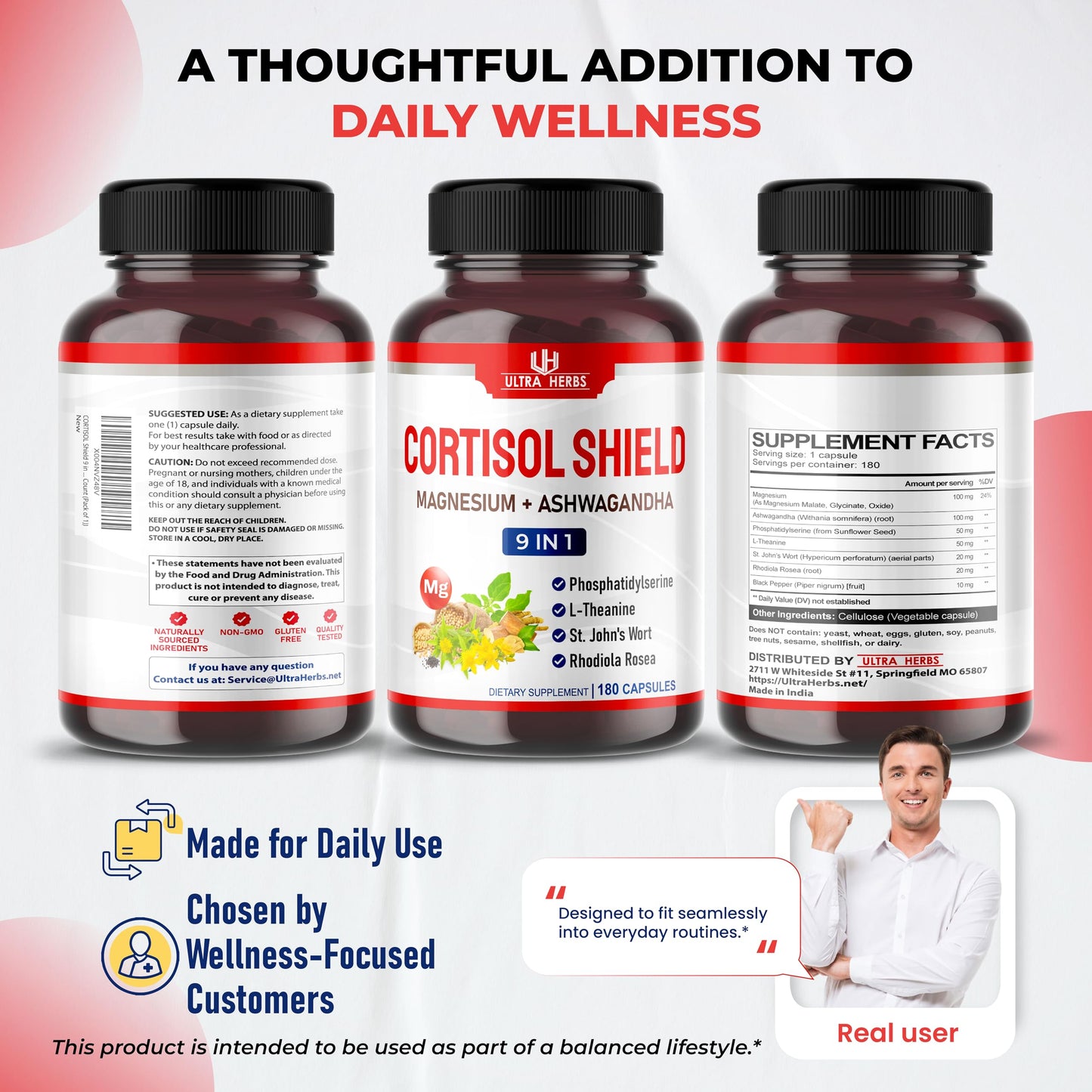 Side view of Ultra Herbs 9in1 relaxation support supplement bottle indicating daily dosage instructions