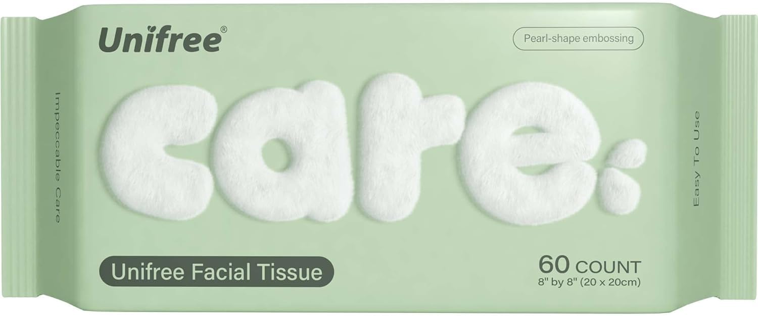 Stack of Unifree disposable skincare towels in bathroom setting