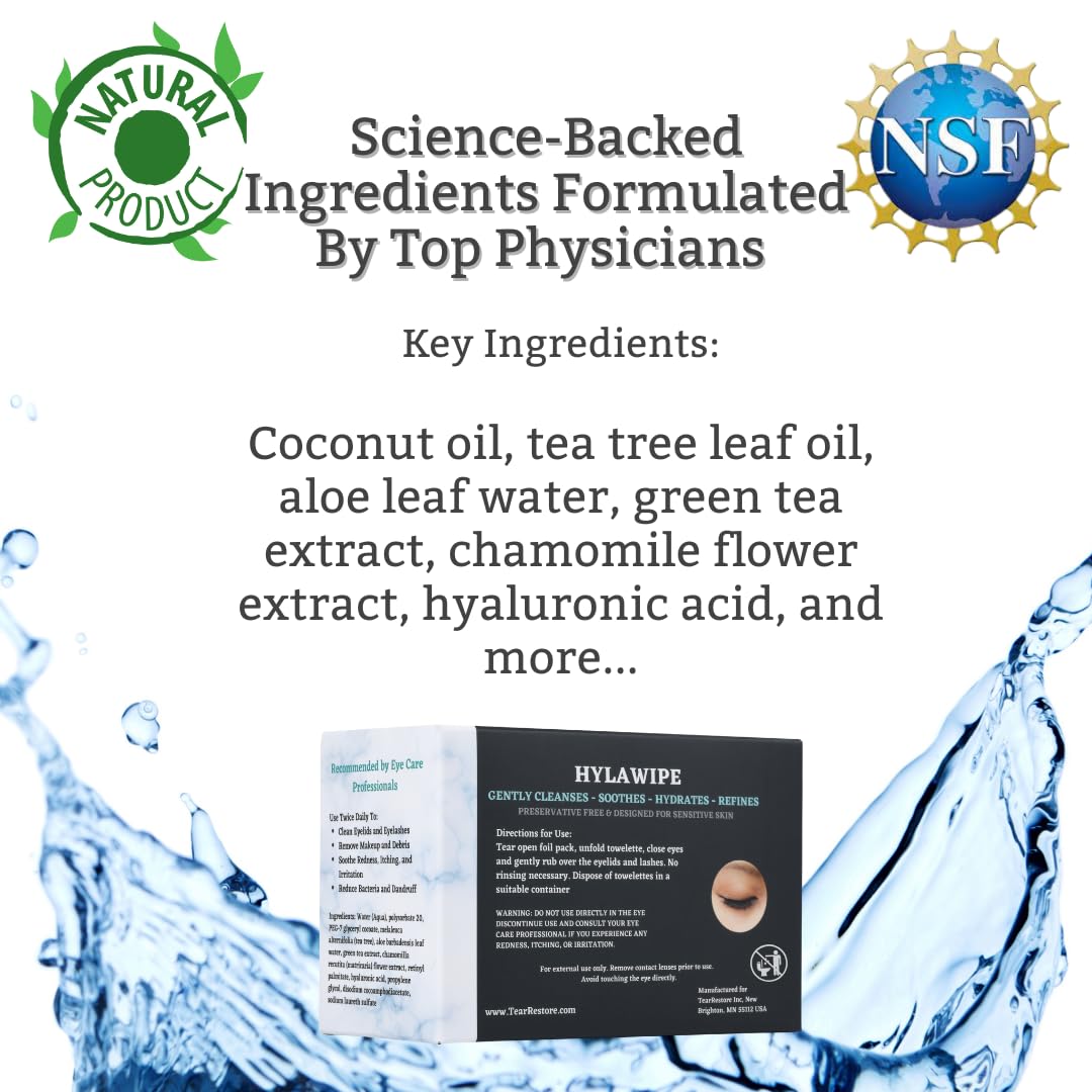 Natural tea tree oil and hyaluronic acid eyelid wipes