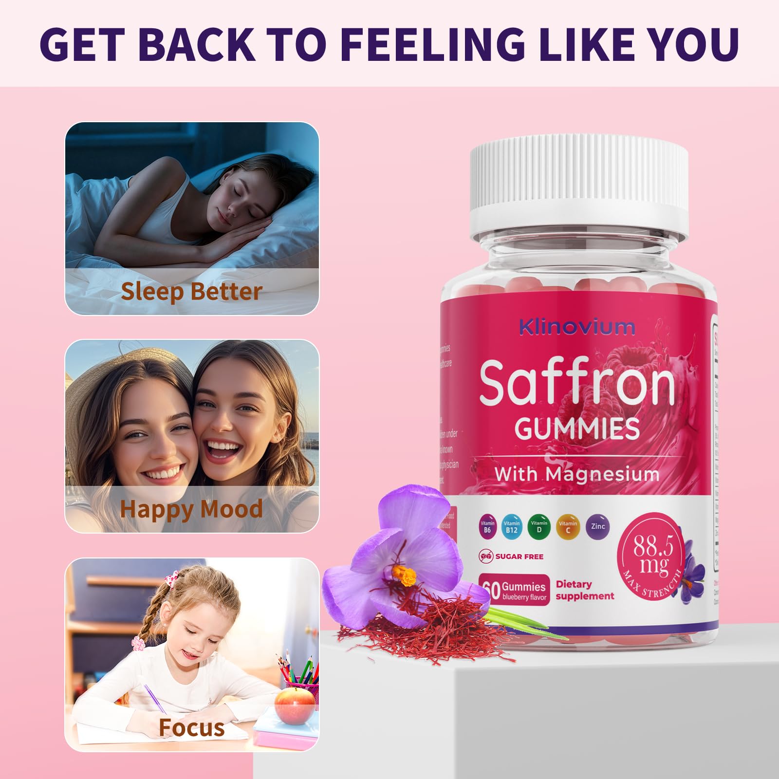 Klinovium sugar free saffron supplement bottle showing blueberry flavor details