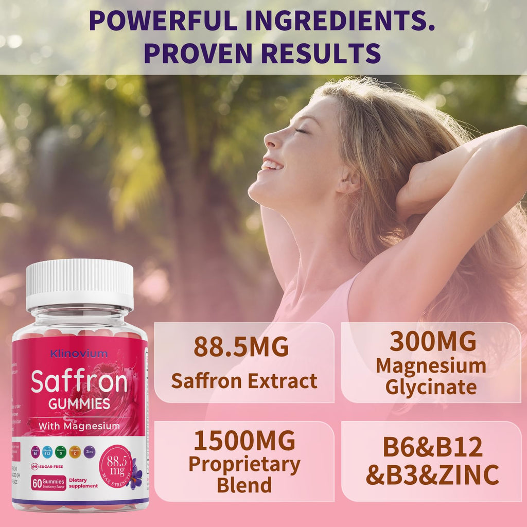Supplement facts panel on the back of Klinovium saffron gummies showing magnesium and zinc content