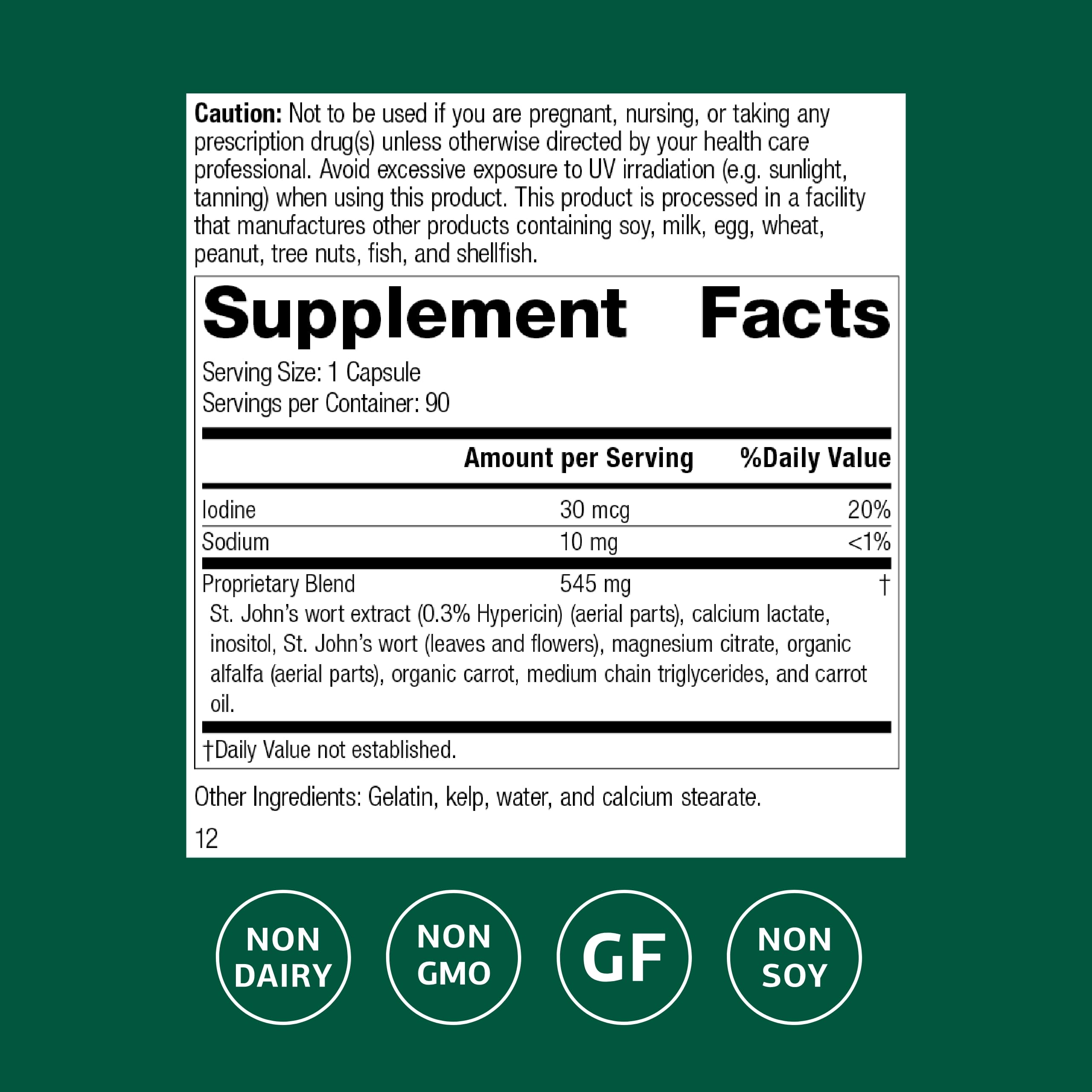 Standard Process St Johns Wort IMT herbal supplement side label showing supplement facts