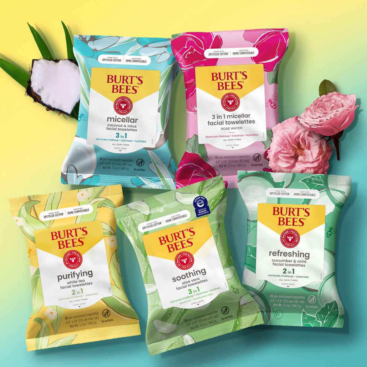Lifestyle shot of Burt's Bees cleansing wipes placed on a bathroom vanity